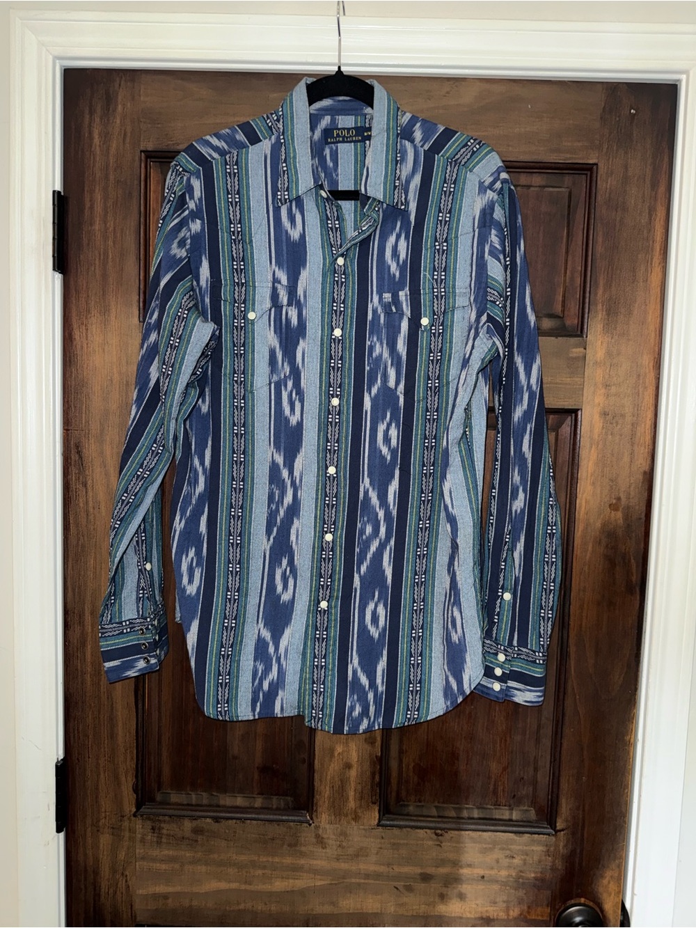 Ralph Lauren Blue and Green Striped Ikat-Pattern Button-Down Shirt